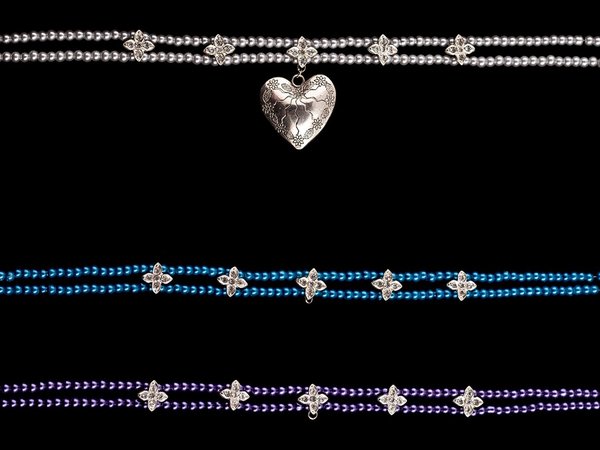 Kropfkette Perlen mit Strassblüten und Anhänger, grau, petrol, rosa und lila